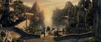 Movie still from “The Lord of the Rings: The Return of the King” (2003), directed by Peter Jackson – An image of a scene with a boat in the water; Extreme Wide shot, High angle