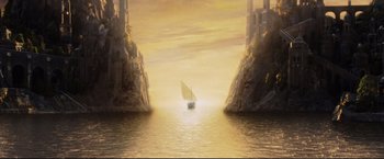 Movie still from “The Lord of the Rings: The Return of the King” (2003), directed by Peter Jackson – A painting of a boat in the middle of the ocean; Extreme Wide shot, High angle