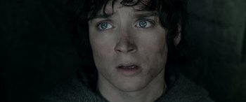 Movie still from “The Lord of the Rings: The Two Towers” (2002), directed by Peter Jackson – A person with blue eyes; Close Up shot, High angle