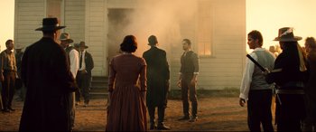 Movie still from “The Magnificent Seven” (2016), directed by Antoine Fuqua – Wide shot, Over the shoulder angle