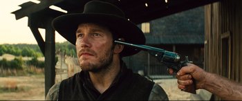 Movie still from “The Magnificent Seven” (2016), directed by Antoine Fuqua – Close Up shot, Over the shoulder angle