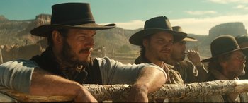 Movie still from “The Magnificent Seven” (2016), directed by Antoine Fuqua – Medium shot, Low angle