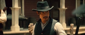 Movie still from “The Magnificent Seven” (2016), directed by Antoine Fuqua – Close Up shot, Over the shoulder angle