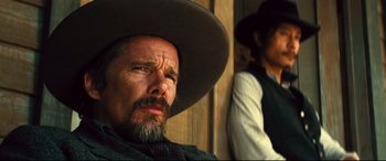 Movie still from “The Magnificent Seven” (2016), directed by Antoine Fuqua – Close Up shot, Low angle