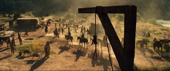 Movie still from “The Magnificent Seven” (2016), directed by Antoine Fuqua – Extreme Wide shot, High angle