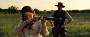 Movie still from “The Magnificent Seven” (2016), directed by Antoine Fuqua – Close Up shot, Over the shoulder angle