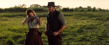 Movie still from “The Magnificent Seven” (2016), directed by Antoine Fuqua – Medium shot, Low angle