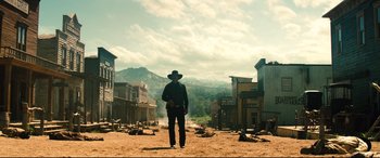 Movie still from “The Magnificent Seven” (2016), directed by Antoine Fuqua – Wide shot, Low angle