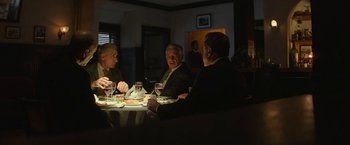 Movie still from “The Offer” (2022), directed by Dexter Fletcher – A group of men sitting at a dinner table; Wide shot, Over the shoulder angle