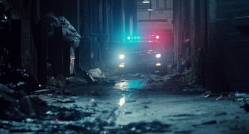 Movie still from “The Terminator” (1984), directed by James Cameron – A police car driving down a street at night; Wide shot, Low angle