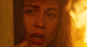 Movie still from “The Terminator” (1984), directed by James Cameron – A woman's face with bruises on her face; Extreme Close Up shot, Low angle