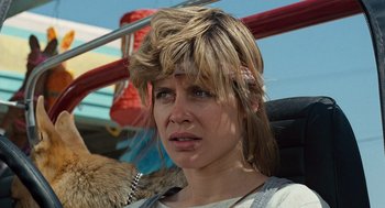 Movie still from “The Terminator” (1984), directed by James Cameron – A person with a cat on a ride; Close Up shot, Low angle