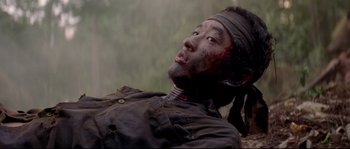 Movie still from “The Thin Red Line” (1998), directed by Terrence Malick – A man with blood on his face and head; Close Up shot, Low angle