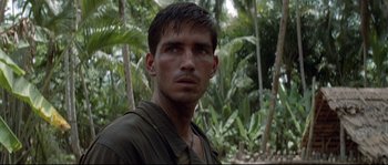 Movie still from “The Thin Red Line” (1998), directed by Terrence Malick – A person in a forest; Close Up shot, Over the shoulder angle