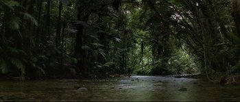 Movie still from “The Thin Red Line” (1998), directed by Terrence Malick – A river running through a lush green forest; Extreme Wide shot, High angle