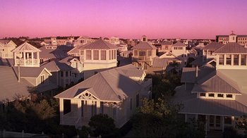 Movie still from “The Truman Show” (1998), directed by Peter Weir – A bunch of houses that are in a neighborhood; Extreme Wide shot, High angle