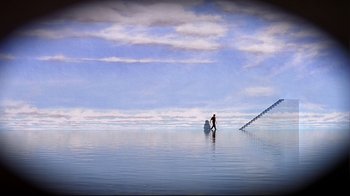 Movie still from “The Truman Show” (1998), directed by Peter Weir – A man standing in the middle of a body of water; Extreme Wide shot, High angle