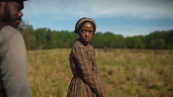 Movie still from “The Underground Railroad” (2021), directed by Barry Jenkins – A woman in a brown dress standing in a grassy field; Medium shot, Low angle