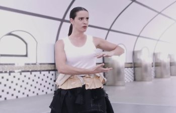 Movie still from “Björk, Rosalía - Oral” (2023), directed by Carlota Guerrero – Medium shot, Low angle