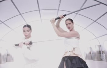 Movie still from “Björk, Rosalía - Oral” (2023), directed by Carlota Guerrero – Medium shot, Low angle