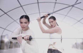Movie still from “Björk, Rosalía - Oral” (2023), directed by Carlota Guerrero – Medium shot, Low angle