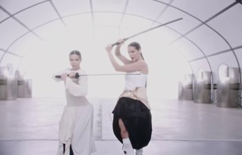 Movie still from “Björk, Rosalía - Oral” (2023), directed by Carlota Guerrero – Wide shot, Low angle
