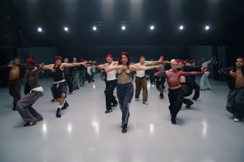Movie still from “Dua Lipa - Houdini” (2023), directed by Manu Cossu – Extreme Wide shot, Low angle
