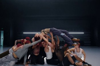 Movie still from “Dua Lipa - Houdini” (2023), directed by Manu Cossu – Wide shot, Overhead angle