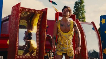 Movie still from “Harry Styles - Daylight” (2023), directed by Tanu Muiño – Medium shot, Low angle