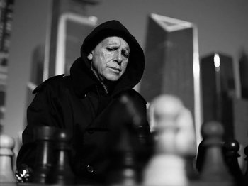 Movie still from “Depeche Mode - Ghosts Again” (2023), directed by Anton Corbijn – Close Up shot, Low angle