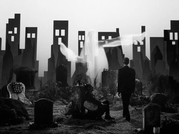 Movie still from “Depeche Mode - Ghosts Again” (2023), directed by Anton Corbijn – Wide shot, Low angle