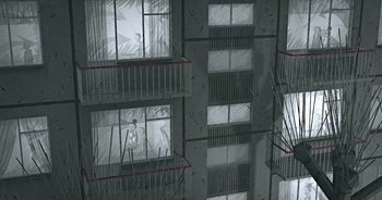 Movie still from “Monetochka - Burn” (2023), directed by Lado Kvataniya – Extreme Wide shot, Low angle