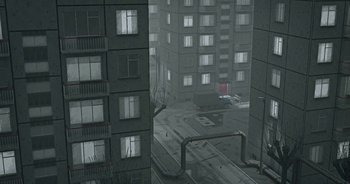 Movie still from “Monetochka - Burn” (2023), directed by Lado Kvataniya – Extreme Wide shot, High angle