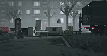 Movie still from “Monetochka - Burn” (2023), directed by Lado Kvataniya – Extreme Wide shot, Low angle