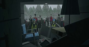 Movie still from “Monetochka - Burn” (2023), directed by Lado Kvataniya – Extreme Wide shot, Overhead angle