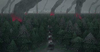 Movie still from “Monetochka - Burn” (2023), directed by Lado Kvataniya – Extreme Wide shot, High angle