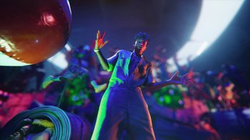 Movie still from “Pharrell - Cash In Cash Out” (2022), directed by François Rousselet – Wide shot, Low angle