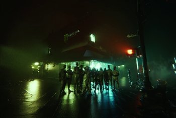 Movie still from “A$AP Ferg - Green Juice” (2021), directed by Valentin Petit – Extreme Wide shot, Low angle