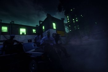 Movie still from “A$AP Ferg - Green Juice” (2021), directed by Valentin Petit – Extreme Wide shot, Low angle