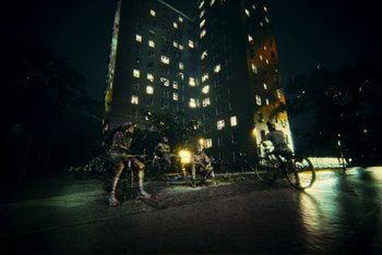 Movie still from “A$AP Ferg - Green Juice” (2021), directed by Valentin Petit – Extreme Wide shot, Low angle