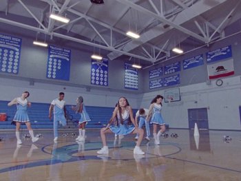 Movie still from “Olivia Rodrigo - good 4 u” (2021), directed by Petra Collins – Extreme Wide shot, Low angle