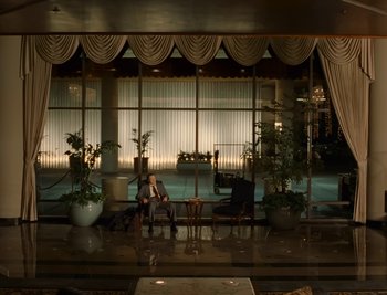 Movie still from “Fatboy Slim - Weapon Of Choice” (2021), directed by Spike Jonze – Extreme Wide shot, High angle