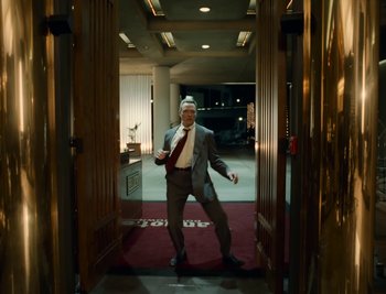 Movie still from “Fatboy Slim - Weapon Of Choice” (2021), directed by Spike Jonze – Wide shot, Low angle