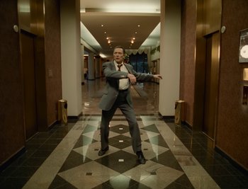 Movie still from “Fatboy Slim - Weapon Of Choice” (2021), directed by Spike Jonze – Wide shot, Low angle
