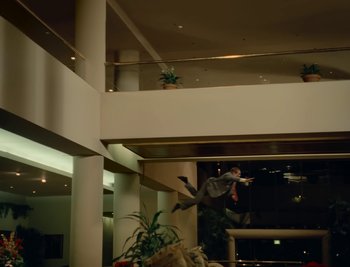 Movie still from “Fatboy Slim - Weapon Of Choice” (2021), directed by Spike Jonze – Wide shot, High angle