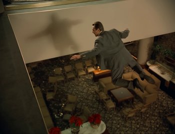 Movie still from “Fatboy Slim - Weapon Of Choice” (2021), directed by Spike Jonze – Wide shot, Low angle