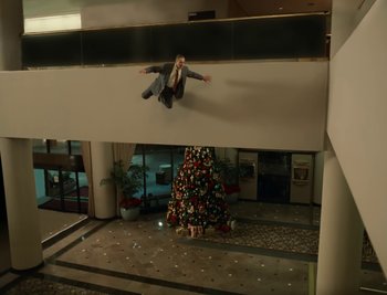 Movie still from “Fatboy Slim - Weapon Of Choice” (2021), directed by Spike Jonze – Extreme Wide shot, Low angle