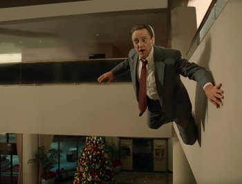 Movie still from “Fatboy Slim - Weapon Of Choice” (2021), directed by Spike Jonze – Medium shot, Low angle