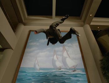 Movie still from “Fatboy Slim - Weapon Of Choice” (2021), directed by Spike Jonze – Wide shot, Low angle