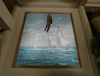 Movie still from “Fatboy Slim - Weapon Of Choice” (2021), directed by Spike Jonze – Extreme Wide shot, Low angle